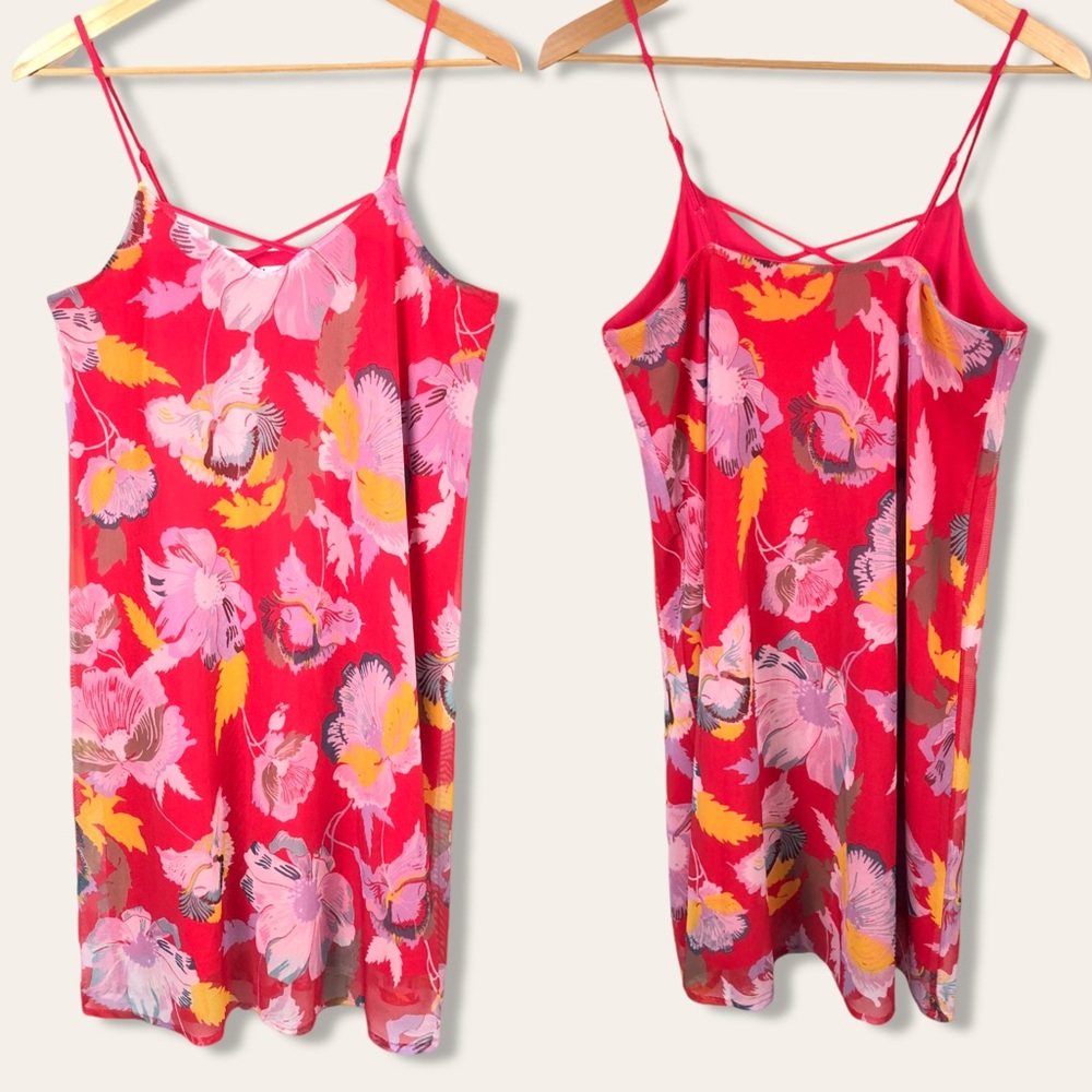 Love Fire Floral Tropical Print Stretchy V Neck Strappy Mesh Mini Slip Dress